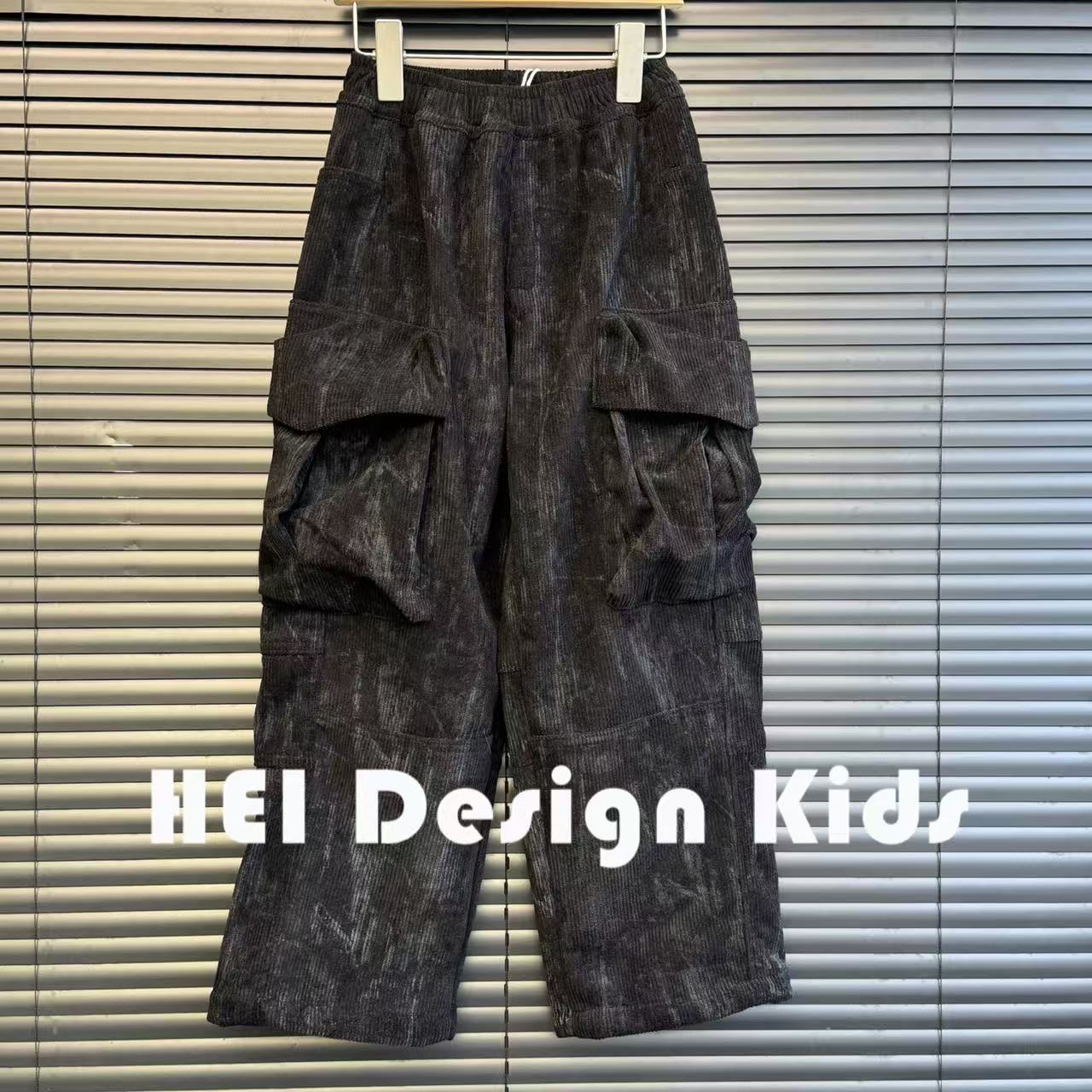 时尚百搭设计师款加绒加厚水墨感工装裤秋冬中大童亲子装 5213