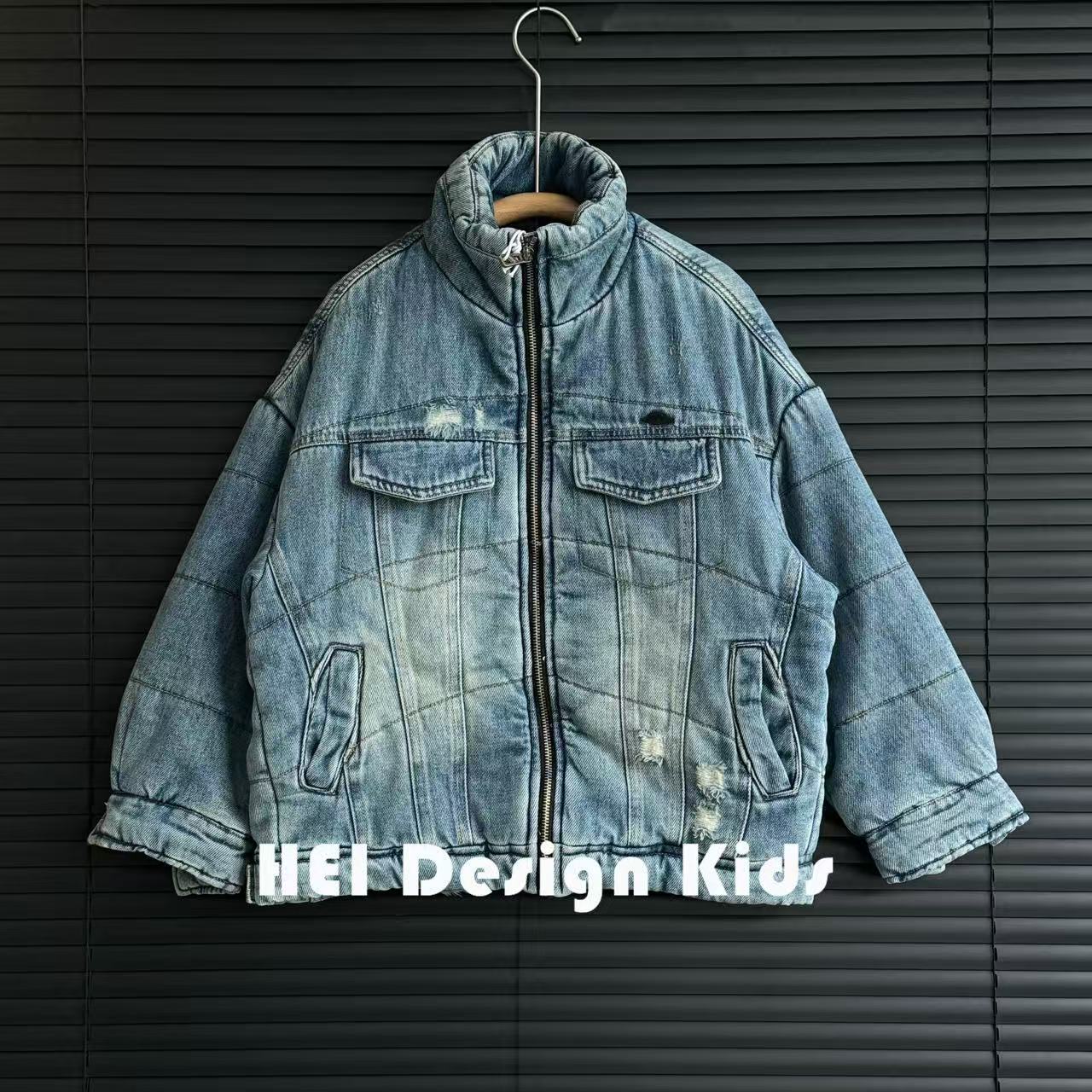 时尚百搭设计师款加棉加厚水洗磨破牛仔外套冬季中大童亲子 5123