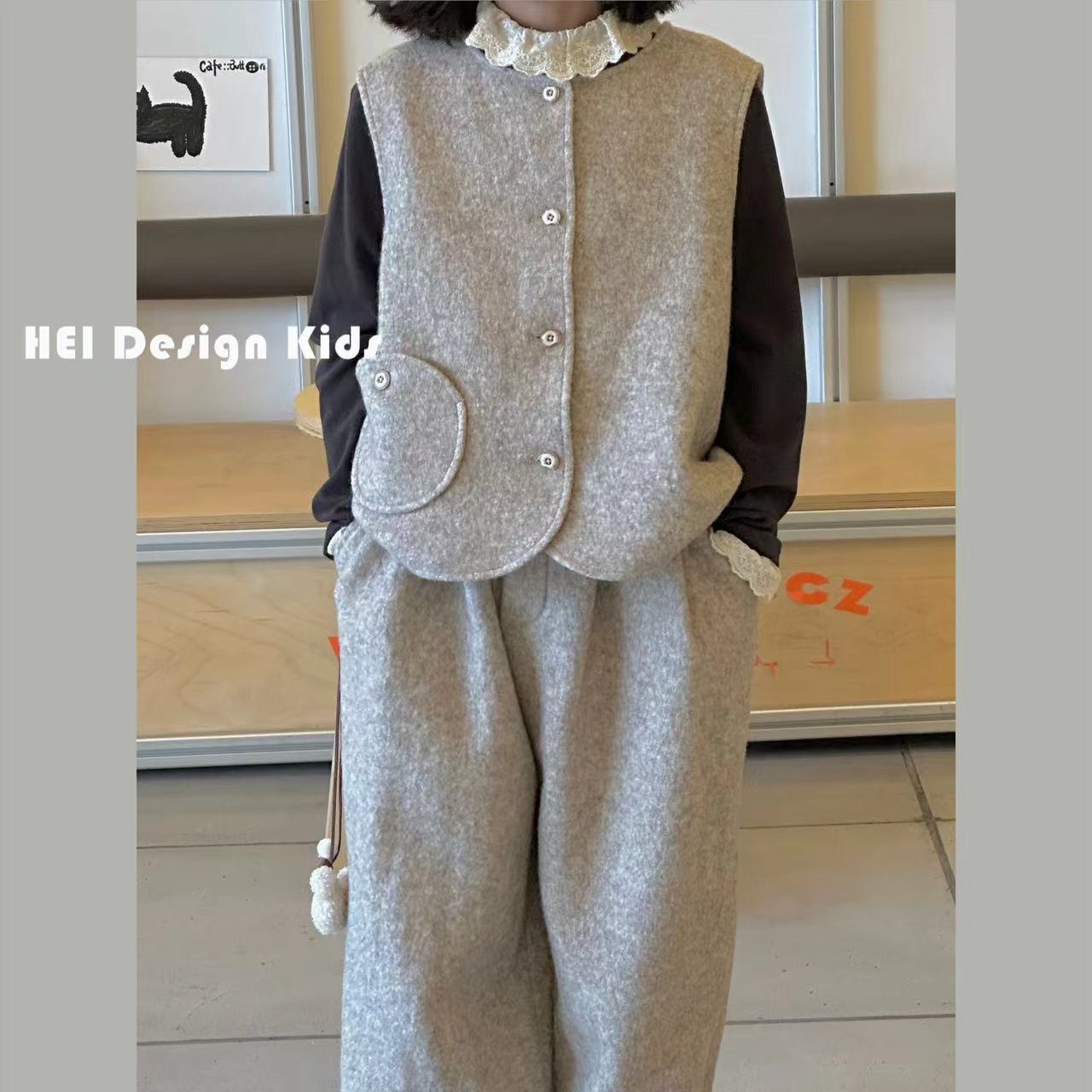 【设计师品牌】秋季新款韩版中大童亲子百搭马甲裤子毛呢套装 3065