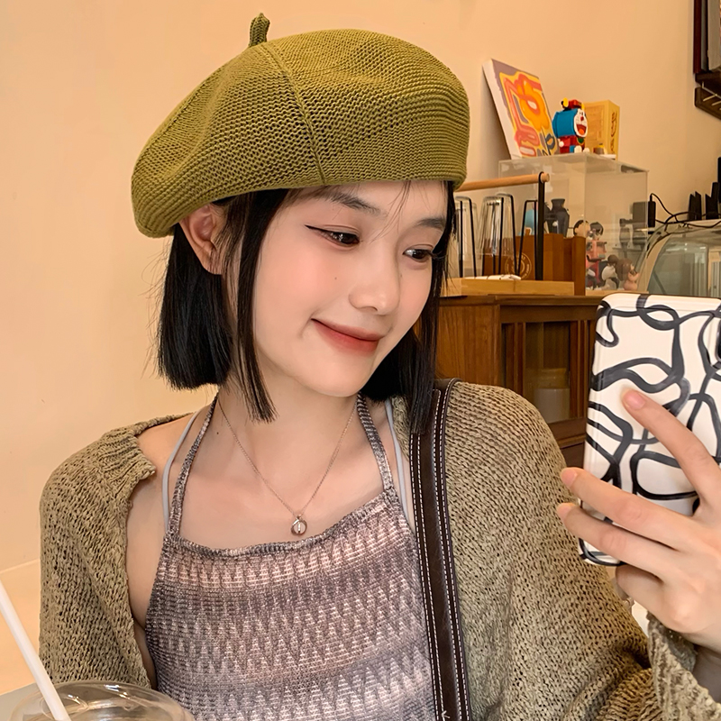针织毛线贝雷帽女秋冬韩版大头围显脸小蓓蕾画家帽日系网红帽子潮