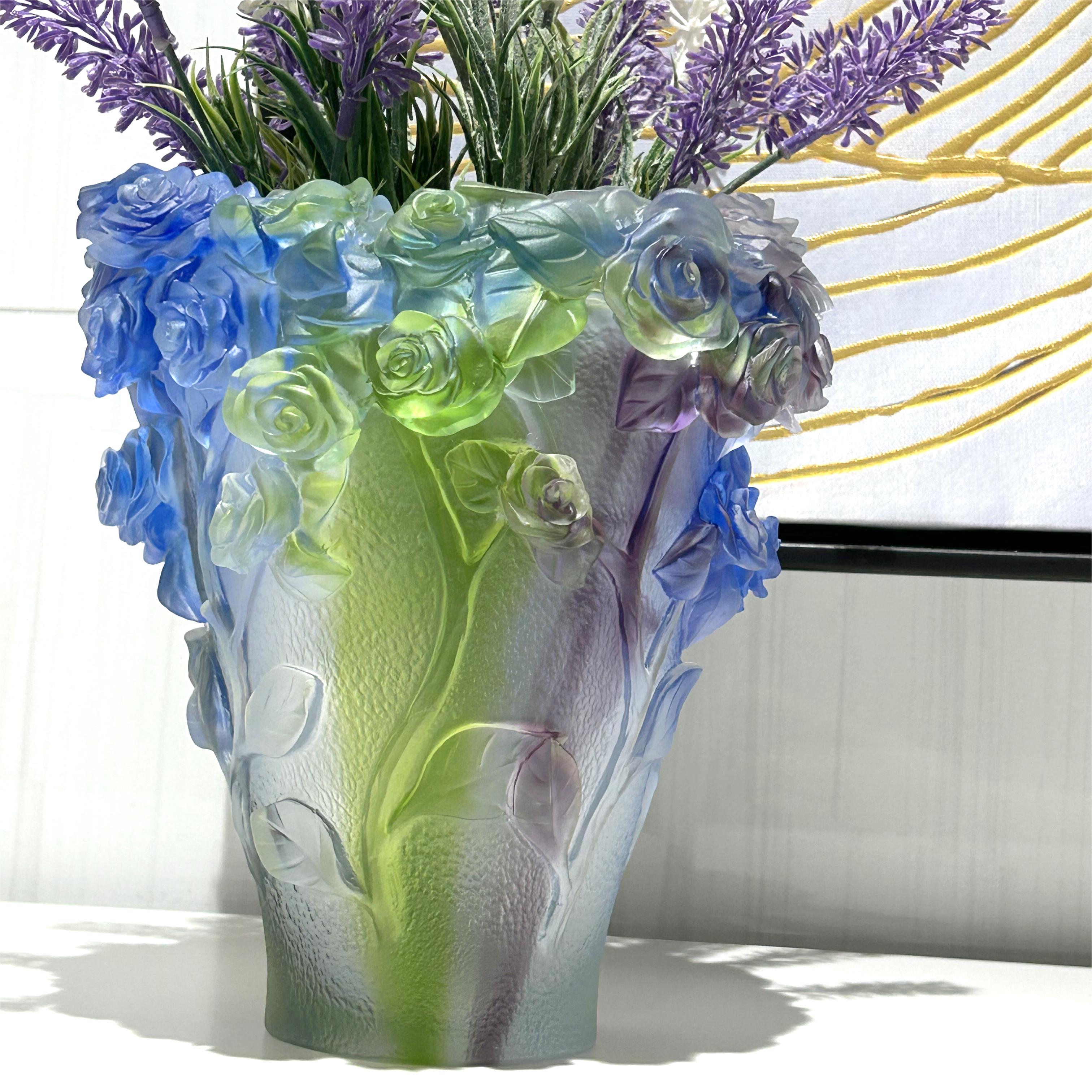 高级感手工玫瑰古法琉璃花瓶摆件客厅插花酒柜装饰品轻奢家用花瓶