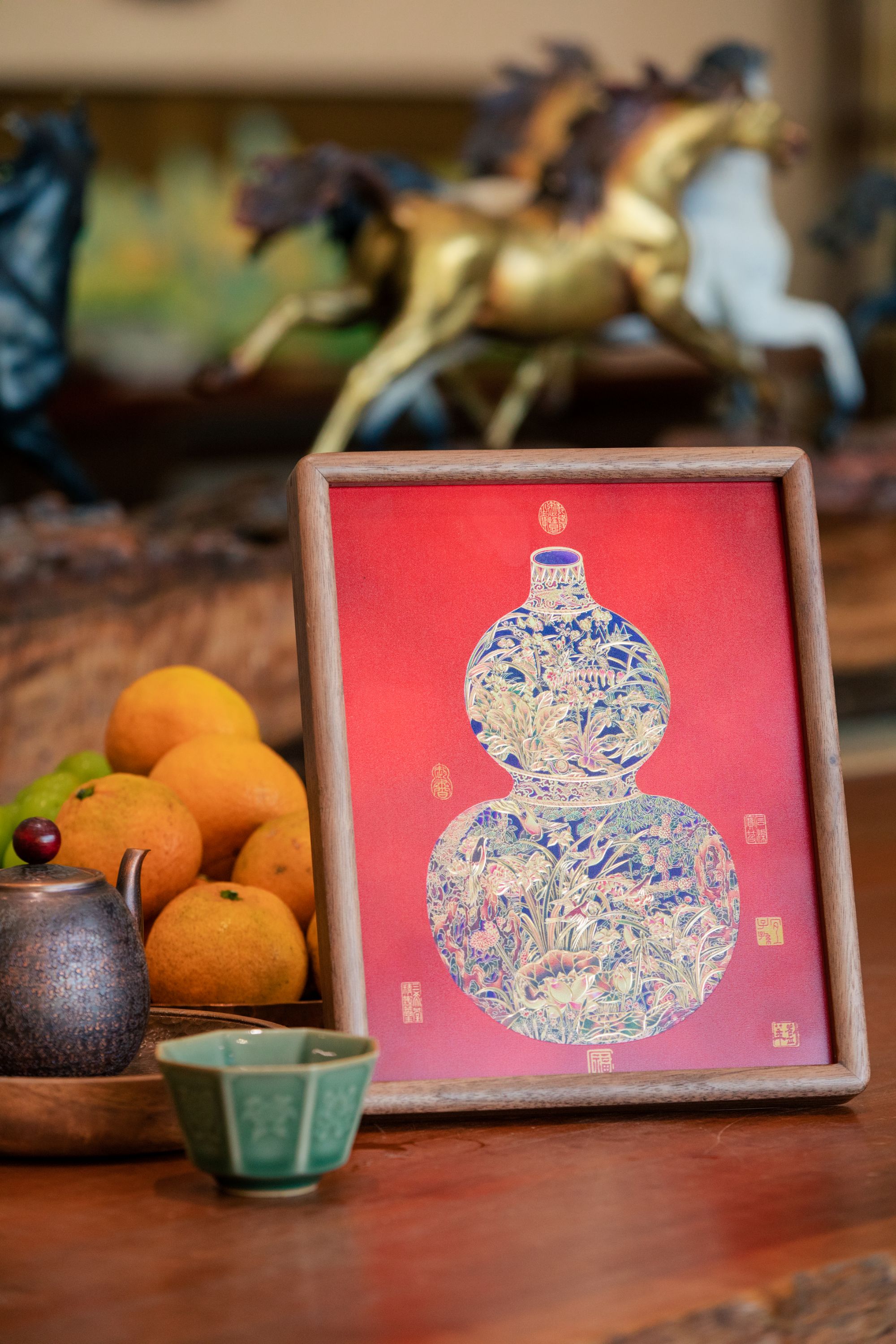 刘华铜手工錾刻《福禄临门》生活中式桌面摆台玄关桌电视柜装饰画