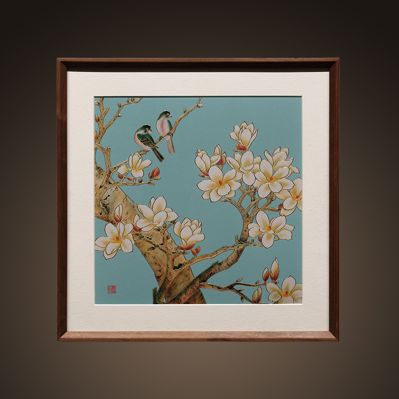 刘华铜手工錾刻铜雕画《玉兰花鸟》新中式玄关装饰画客厅铜艺术画