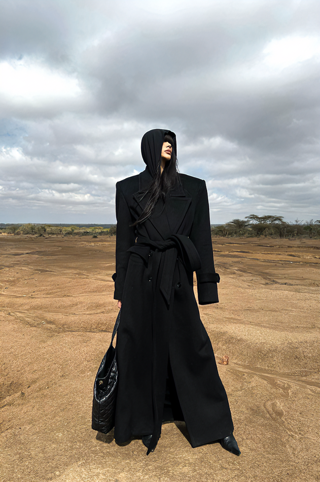 【0122stepll】经典大衣重工阔版垫肩毛呢外套黑色大衣KKW23XM2275