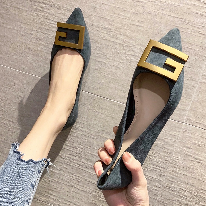 2023百搭平底鞋女春尖头浅口黑色绒面工作鞋软皮软底平跟女鞋单鞋