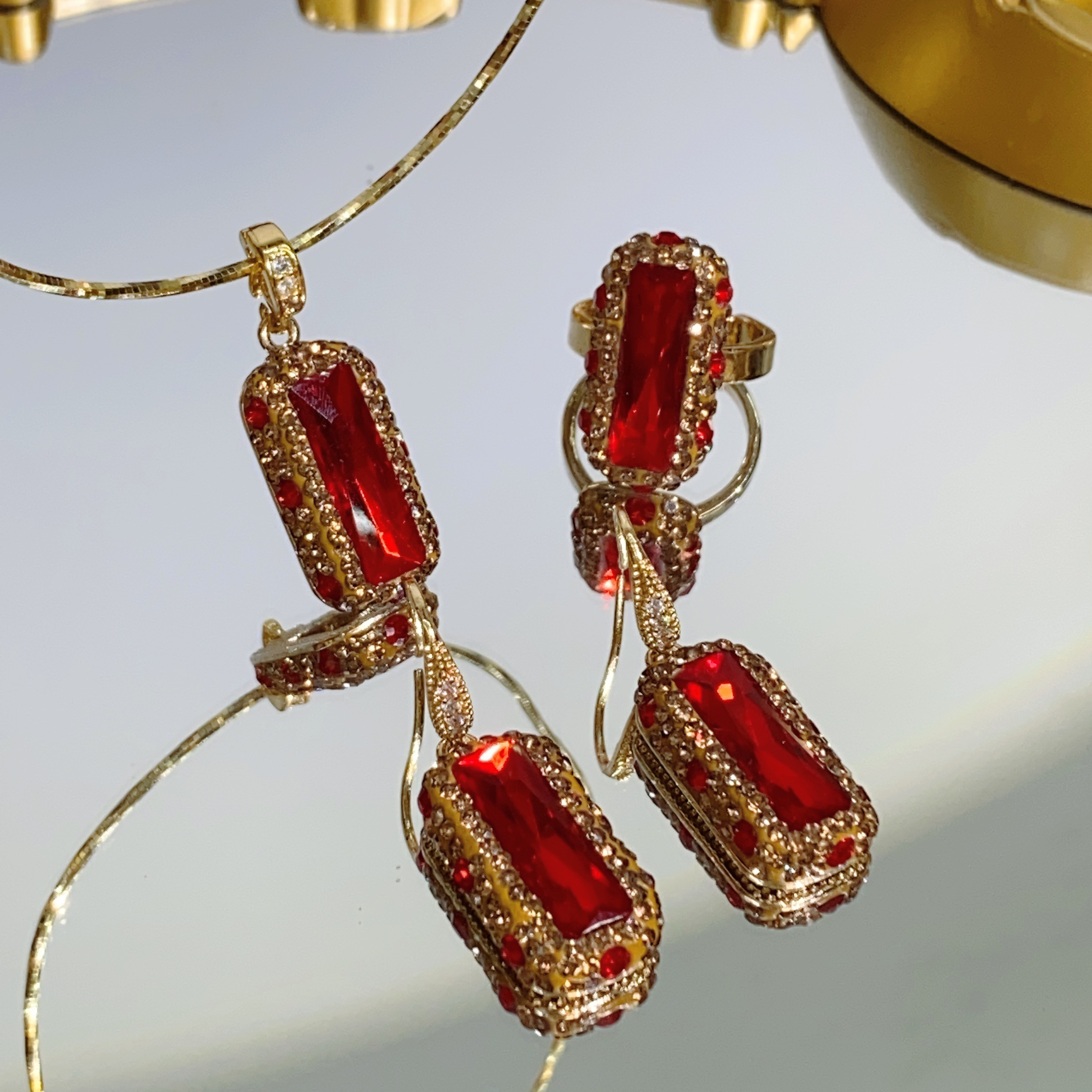 铜合金耳饰 TT SHL红色SJ戒指耳环吊坠三件套1005