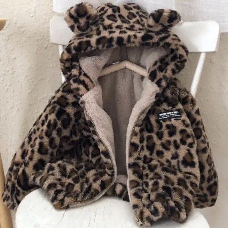 儿童外套秋冬装2025新款豹纹连帽男女童加绒加厚毛毛衣童装冬季潮