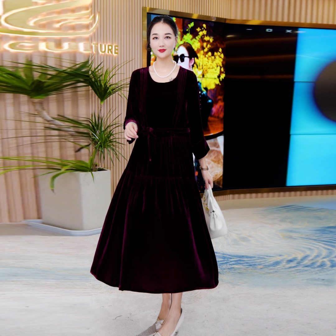 SENBIYAO/森比垚  2339-1#秋季新款真丝乔绒连衣裙