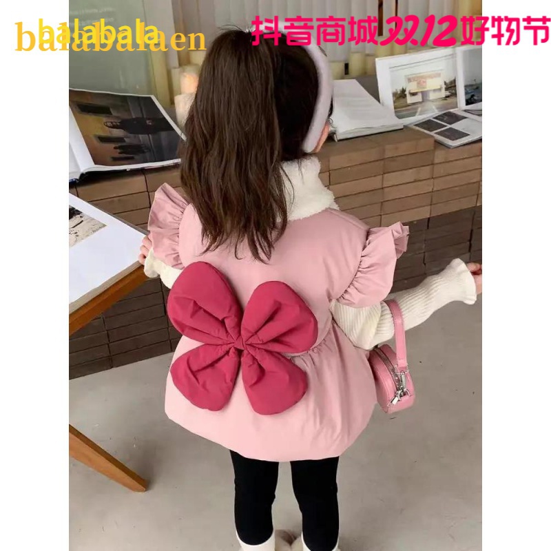巴拉巴拉恩现货AC049女童冬季蝴蝶结小飞袖马甲