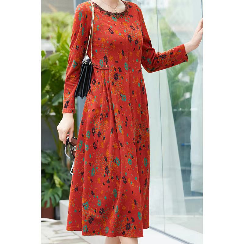 【橘红色】时尚气质阔太太圆领刺绣中长款连衣裙