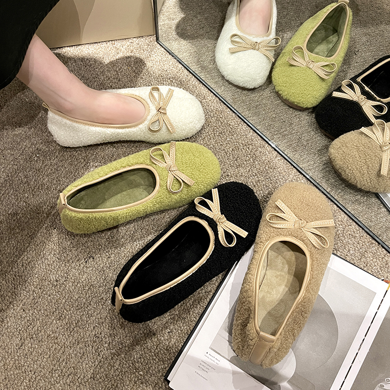 时髦单品~蝴蝶结羊羔毛毛鞋外穿一脚蹬豆豆鞋外穿百搭保暖棉瓢鞋 