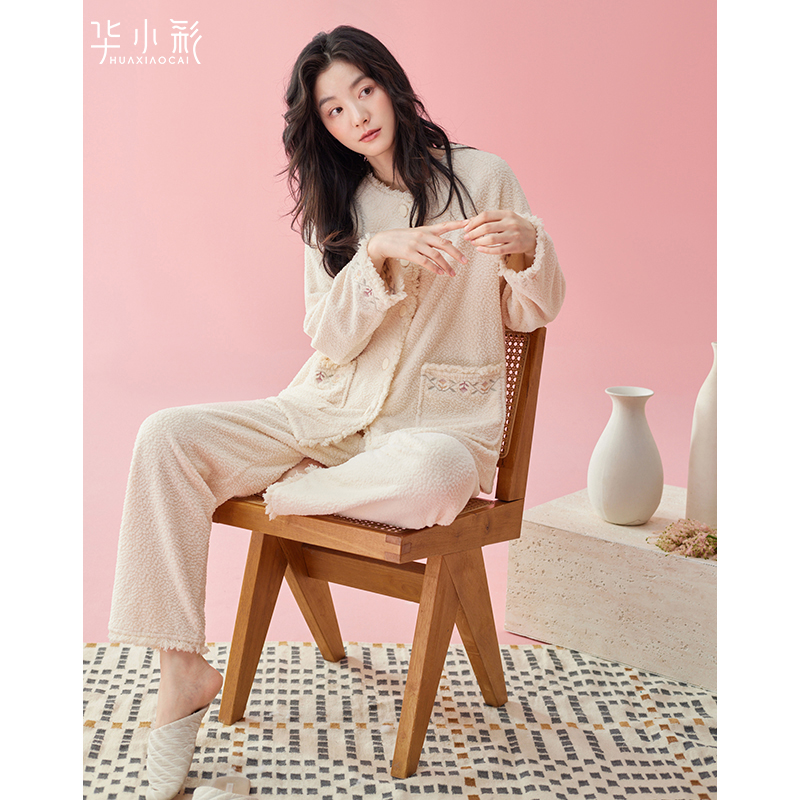 珊瑚绒睡衣女秋冬季高级感开衫甜美中国风家居服春秋加厚薄绒套装