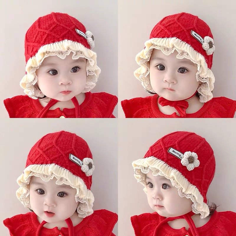 秋冬款婴儿花边毛线帽女宝宝渔夫帽幼儿甜美公主韩版护耳帽子冬季