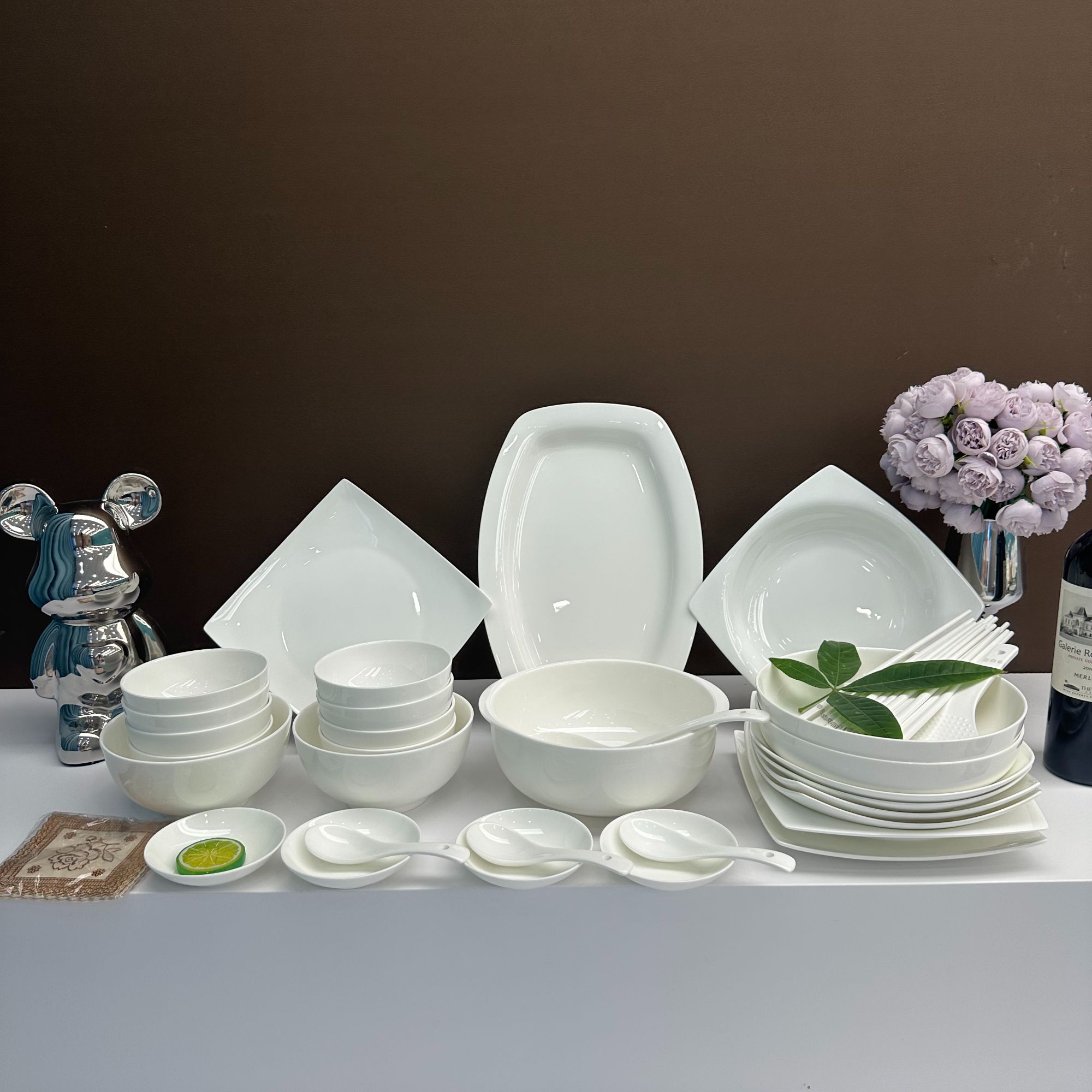 景德镇高温纯白骨瓷【耳朵56件套装】釉下彩高温瓷