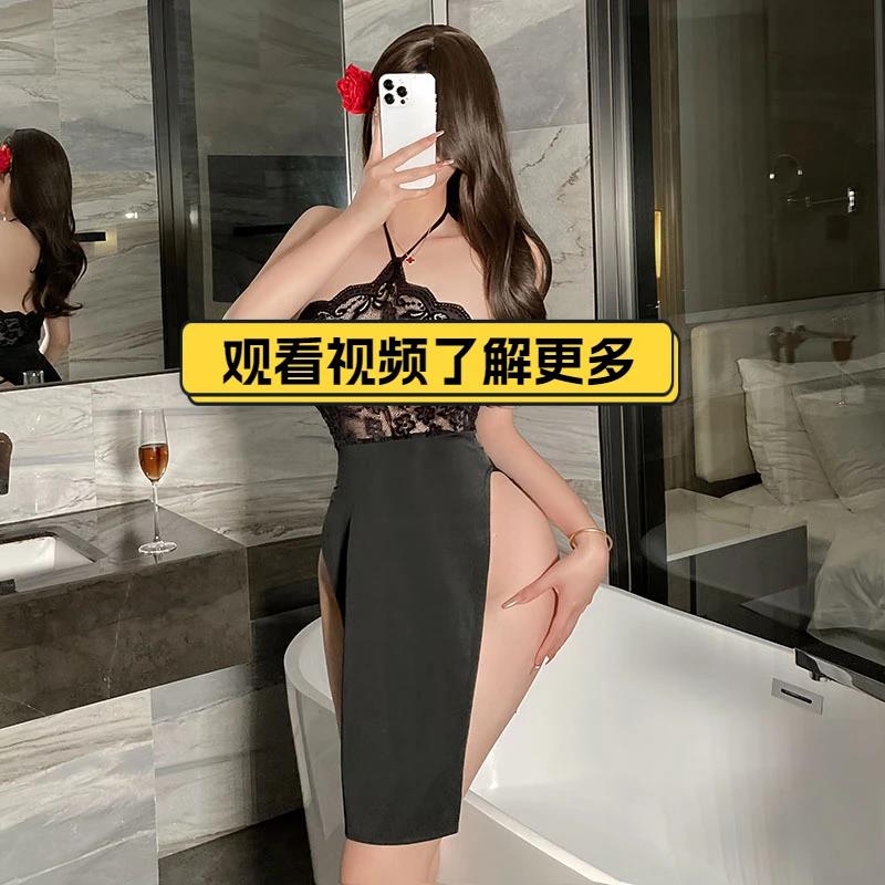 新款蕾丝抹胸旗袍睡衣套装情侣高开衩薄透辣妹裙火辣挂脖露背睡裙