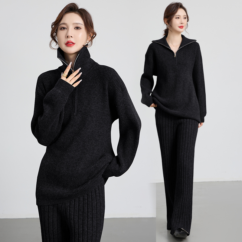 V/雅鹿2024秋冬新款立领慵懒风毛织上衣阔腿裤裤子两件套潮流