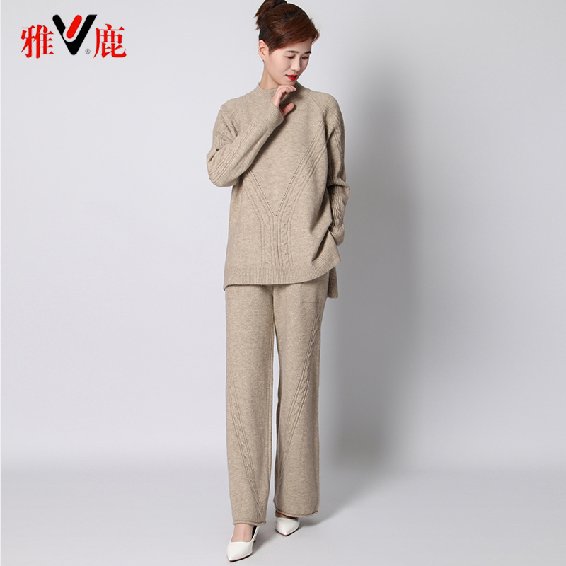 V/雅鹿雅鹿套装女2025春秋新款圆领慵懒风上衣阔腿裤两件套