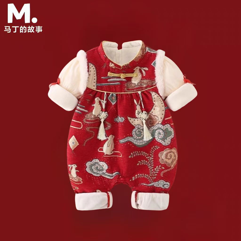 婴儿衣服秋冬连体衣新生女宝宝冬季加绒外出服满月百天周岁拜年服
