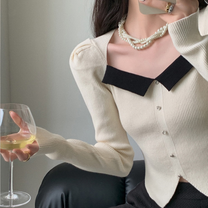 秋冬新款法式方领泡泡袖针织衫锁骨拼色毛衣修身赫本打底女上衣