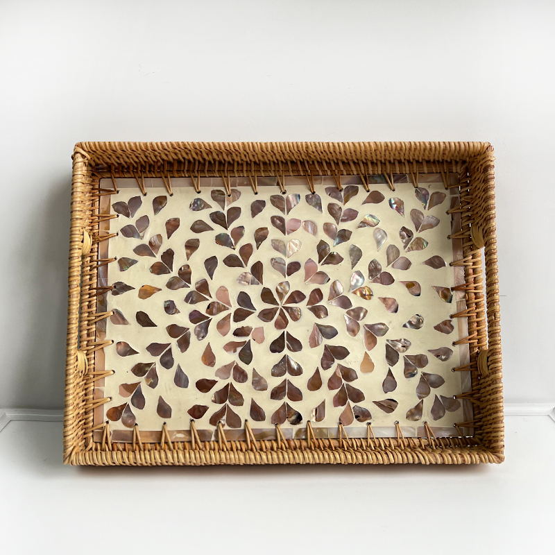 N8咖啡盘越南藤 编现代深海贝母镶嵌收纳盘大号38*28*5家用干泡盘