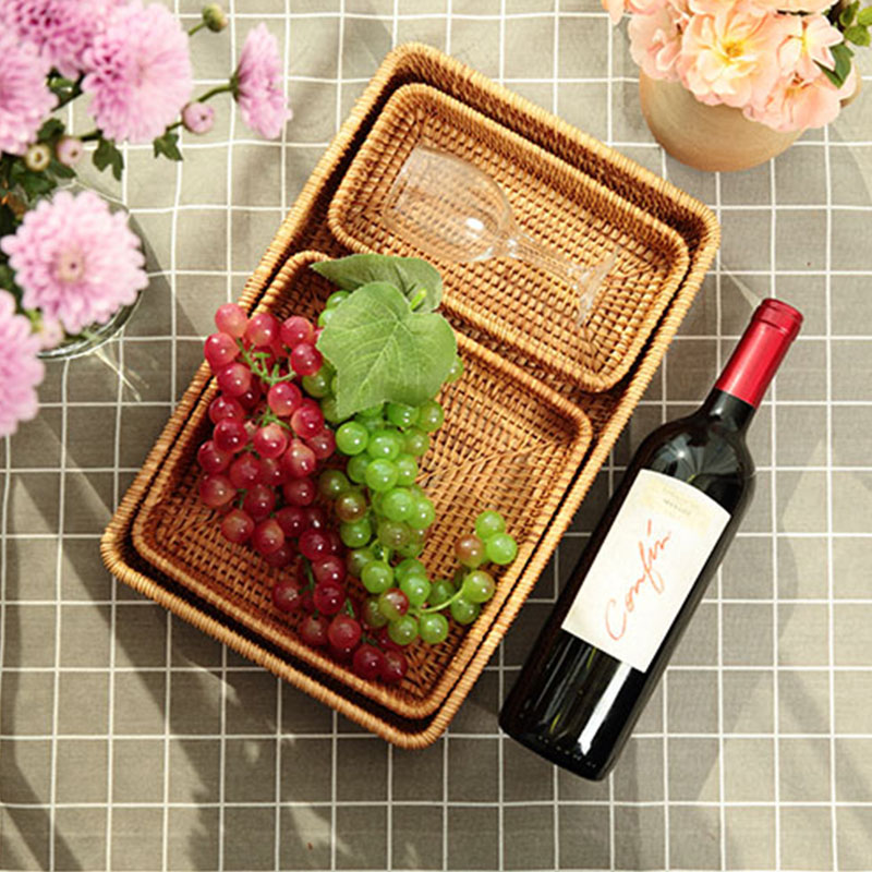 藤编桌面点心水果干泡盘日式长托盘三件套