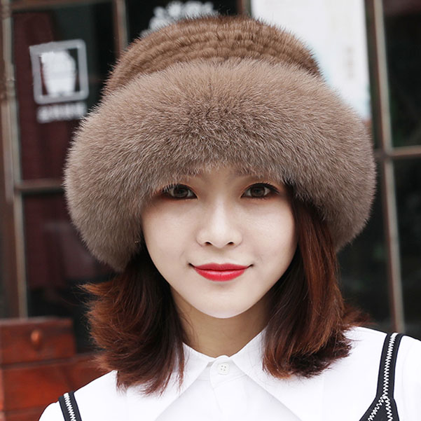 水貂毛编织渔夫帽狐狸毛边