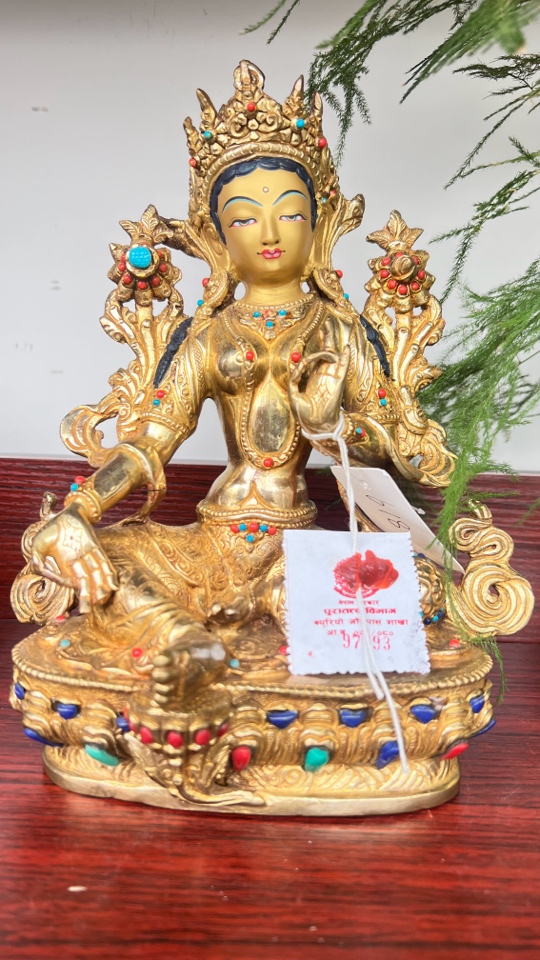 尼泊尔彩绘工艺高24厘米绿度母车载工艺品创意玄关家用神像鎏金