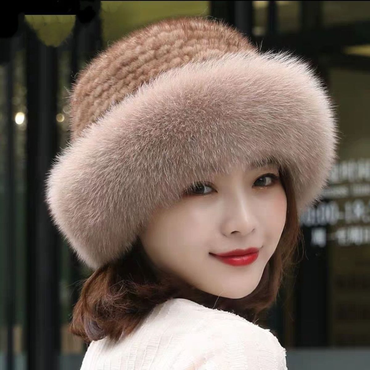 新款韩版水貂毛编织公主帽真狐狸毛边貂皮皮草礼帽女冬时尚保暖