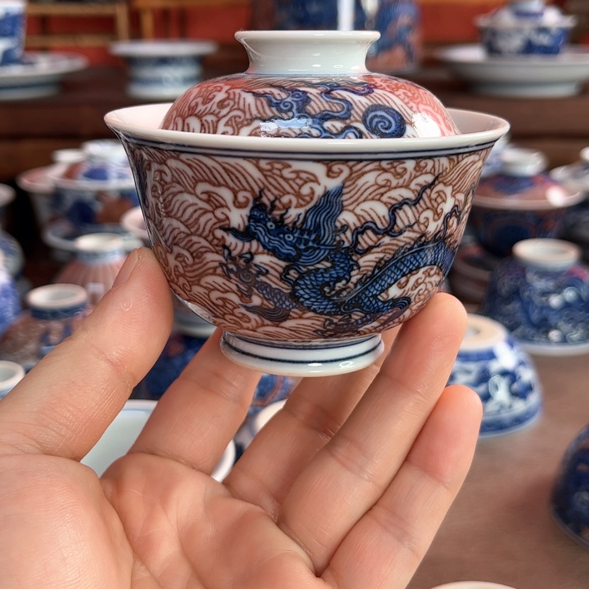 【闪购商品】陶瓷杯本*又见春风一代海水龙纹元宝盖碗