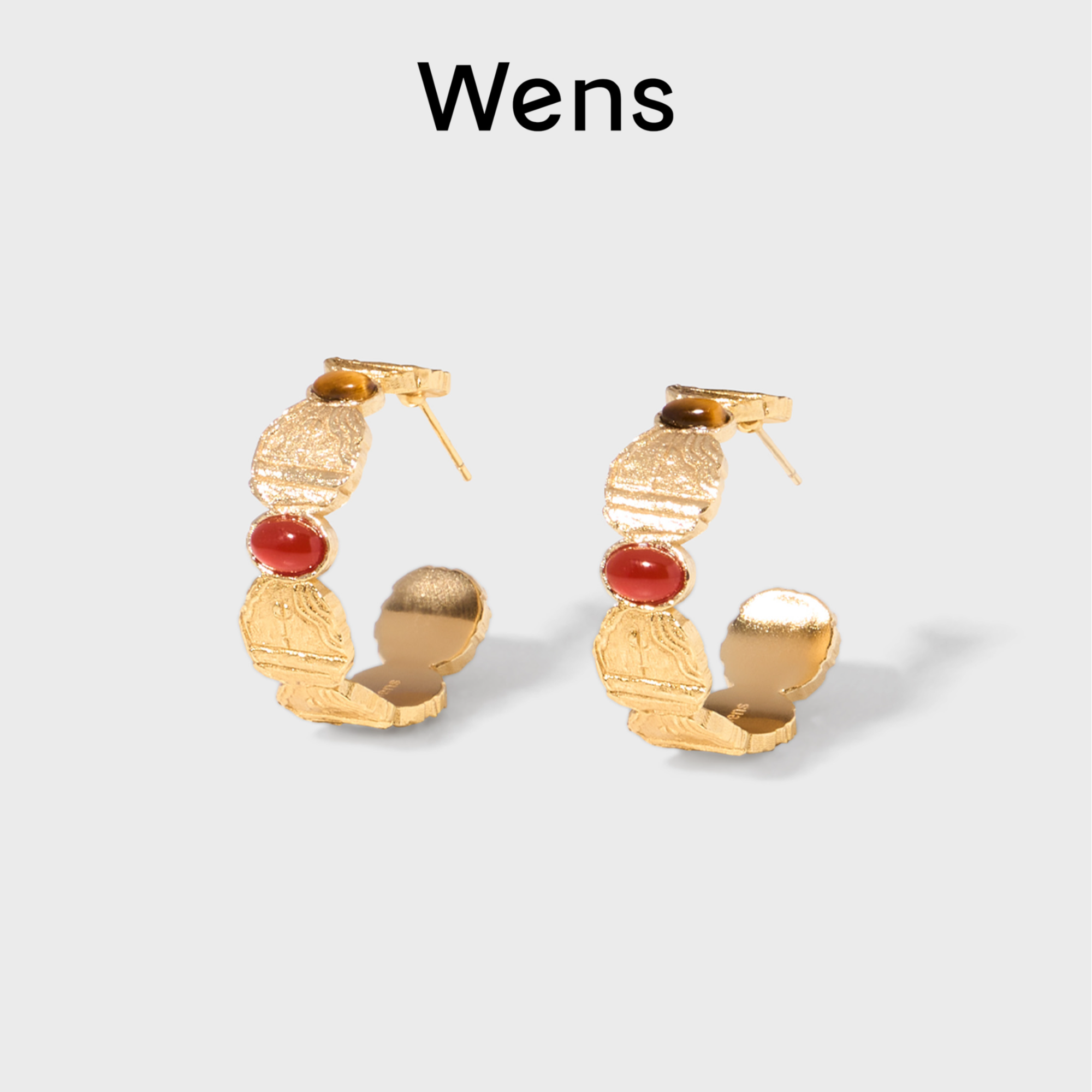 Wens/吻斯 铜合金耳饰 THE KISS 镶石拼接浮雕纹理耳环百搭