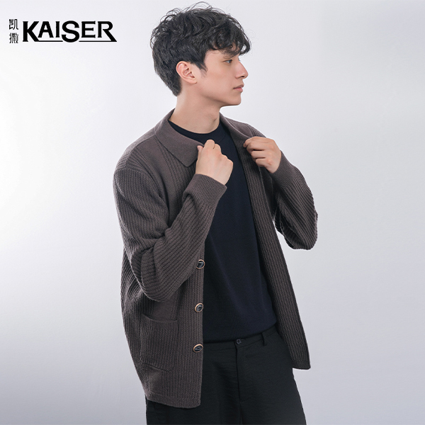 纽扣针织开衫男秋冬季100纯羊毛衫青年翻领条纹休闲潮流毛衣外套