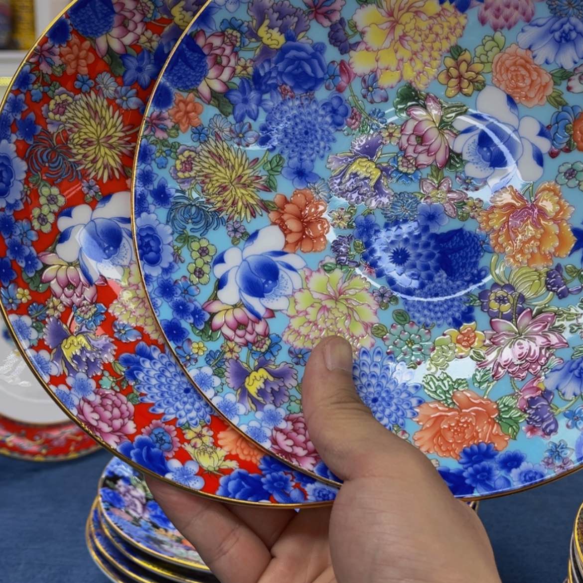 【闪购商品】骨瓷碗8英寸满花深盘红 黄各1