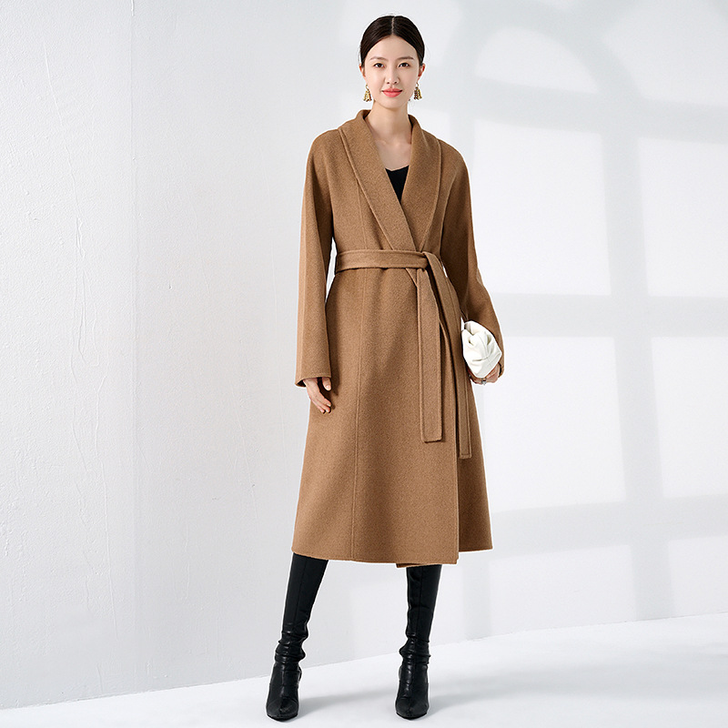 100山羊绒双面羊绒大衣女青果领韩系赫本风冬季外套2024新款