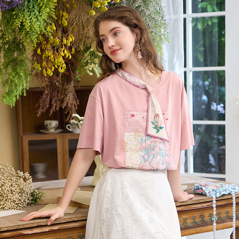 【黄蓉专属】两三事 梵高文艺 夏日重现小印花领带恤女S24XT437