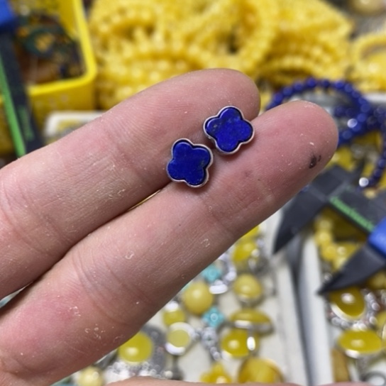 青金石耳钉银S925镶嵌耳钉