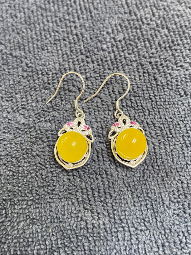 蜜蜡耳钩 蜜蜡耳坠 925银链 女士耳坠 俄料鸡油黄圆珠镶嵌气质