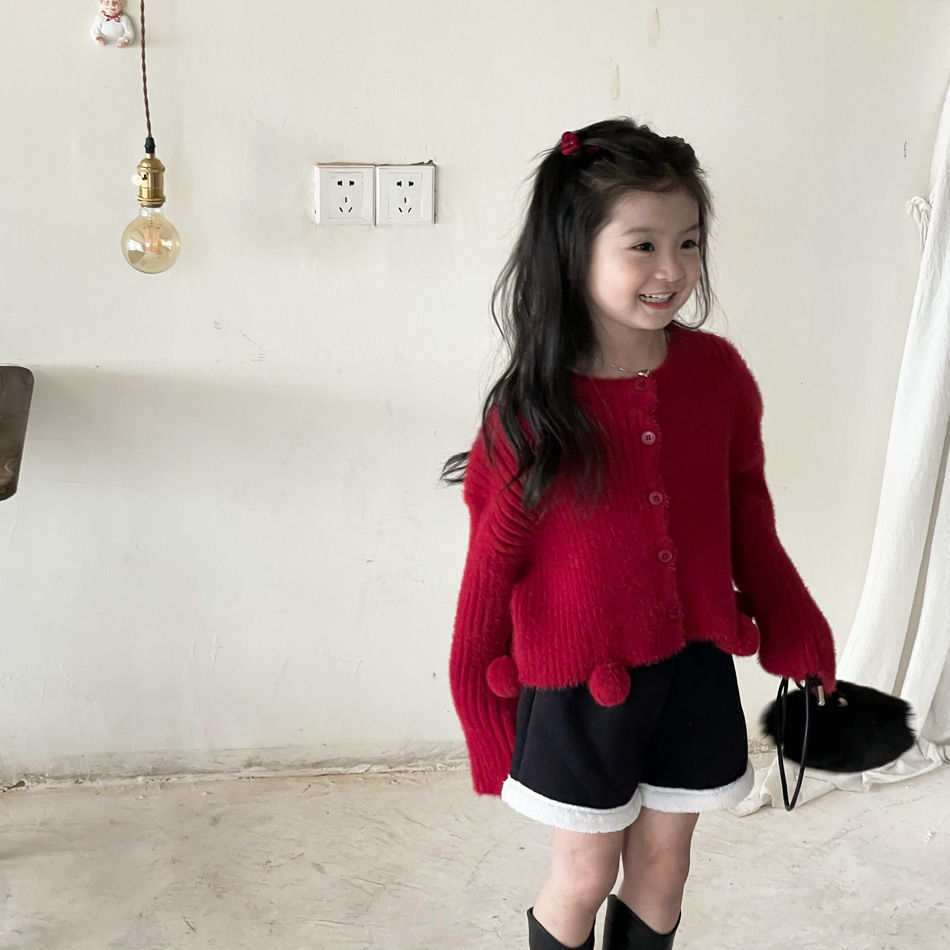 女童2023新年款毛球针织开衫春季韩版外套洋气女宝宝水貂绒毛衣潮