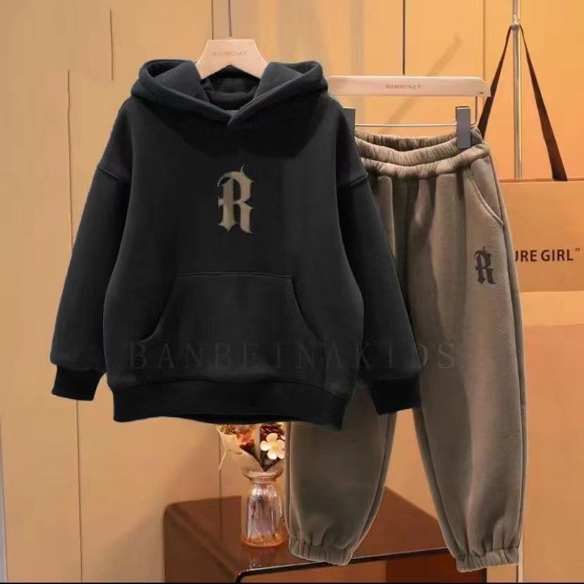 男童加绒套装秋冬2022新款中大童洋气男孩一体绒卫衣加厚两件套