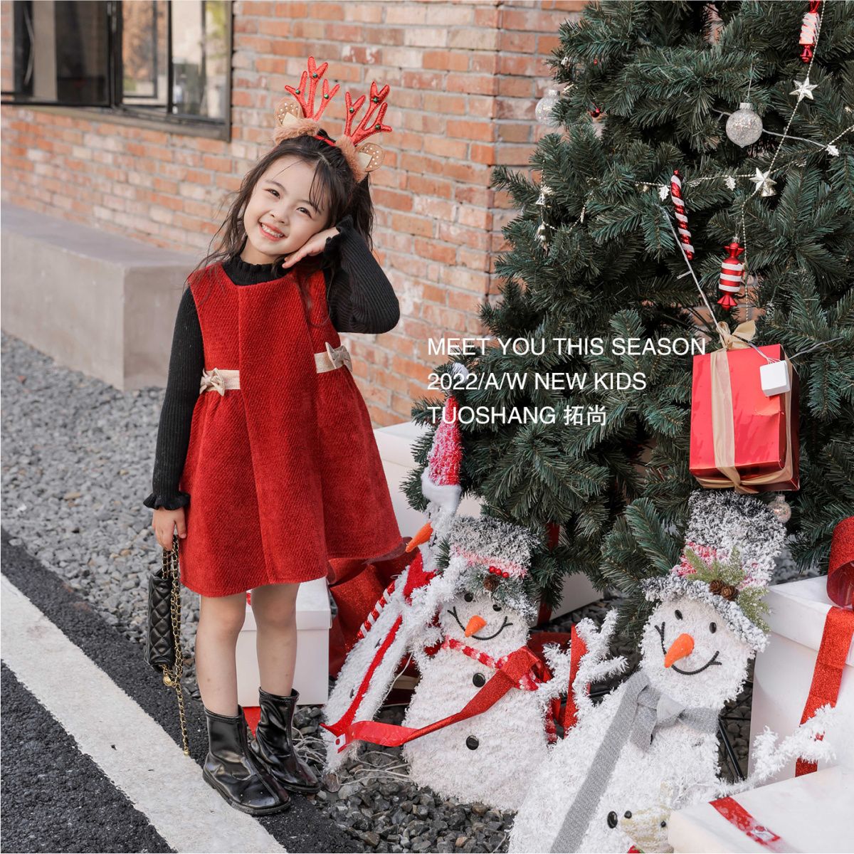 女童冬装拜年服加绒连衣裙套装红色喜庆宝宝洋气针织背心裙两件套