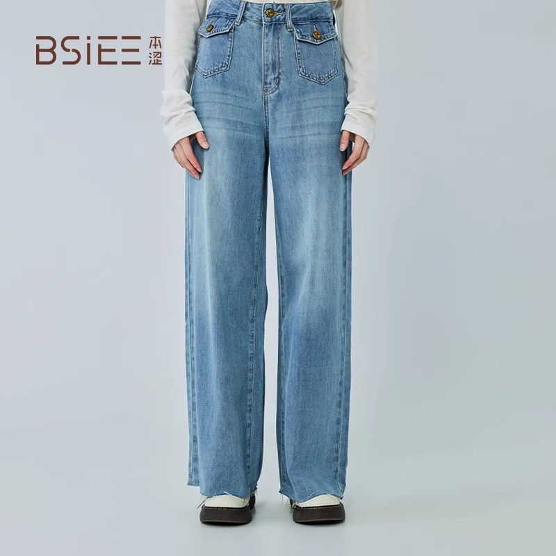 BSIEE/本涩复古口袋高腰阔腿牛仔裤2024年复古通勤水洗牛仔裤女