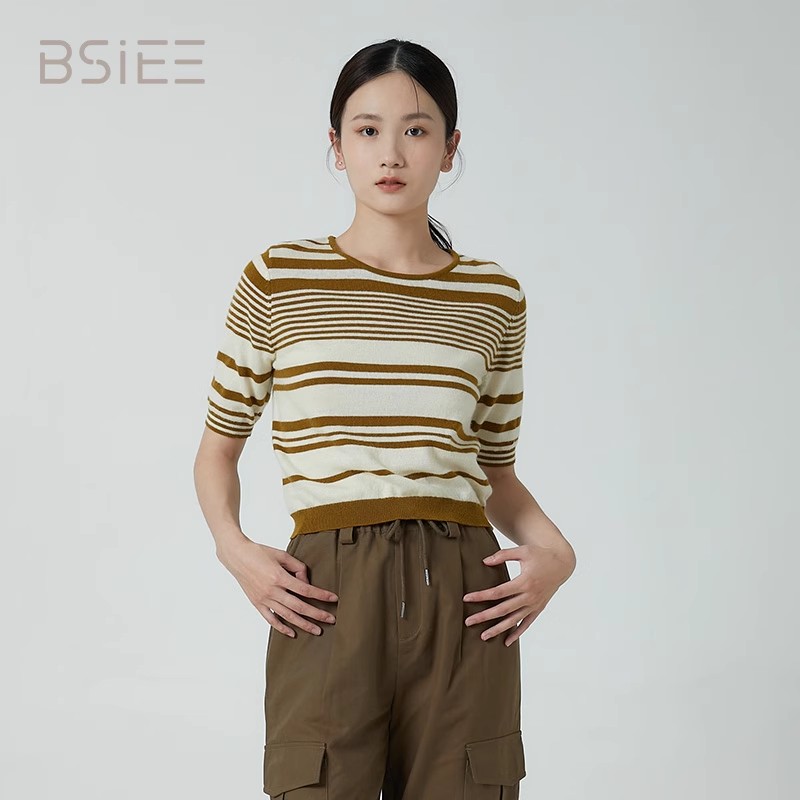 BSIEE/本涩条纹圆领短袖薄针织衫尺码颜色尺码随机不可调换