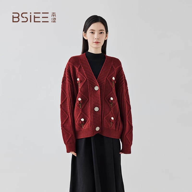 BSIEE/本涩短款开衫2024年秋冬新品设计感宽松慵懒风针织外套女