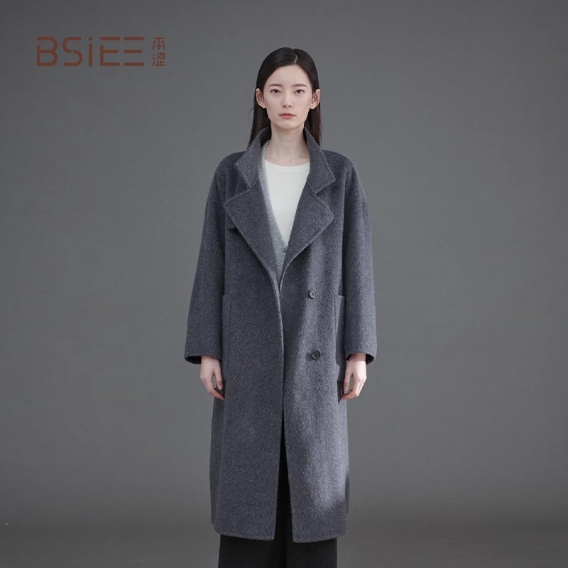 BSiEE本涩设计感领子大衣冬季新品纯色长袖中长款外套女
