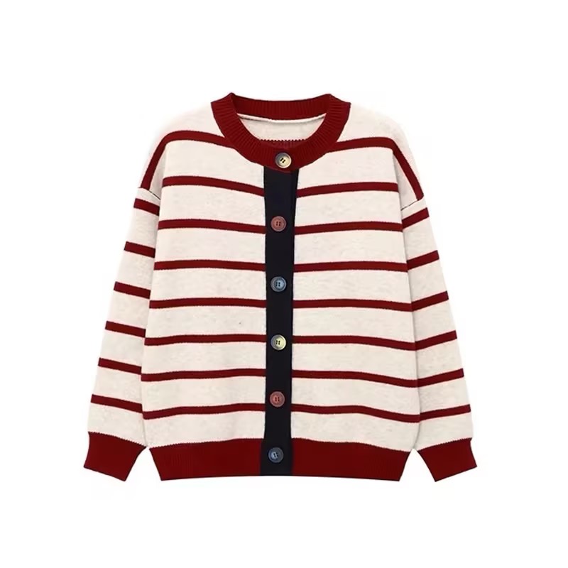 BSIEE/本涩秋冬时尚休闲宽松条纹百搭短开衫百搭撞色拼色复古圆领