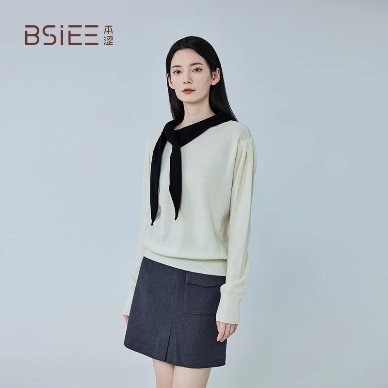 BSIEE/本涩斜系带套头毛衣简约舒适羊毛上衣女