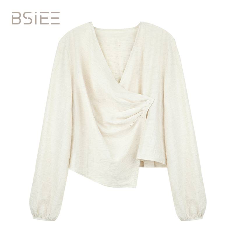 BSiEE本涩斜门襟褶皱肌理小衫长袖气质百搭时尚
