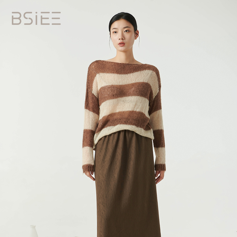 BSIEE本涩条纹针织套装裙早秋季新品文艺复古范热销新品两件套女