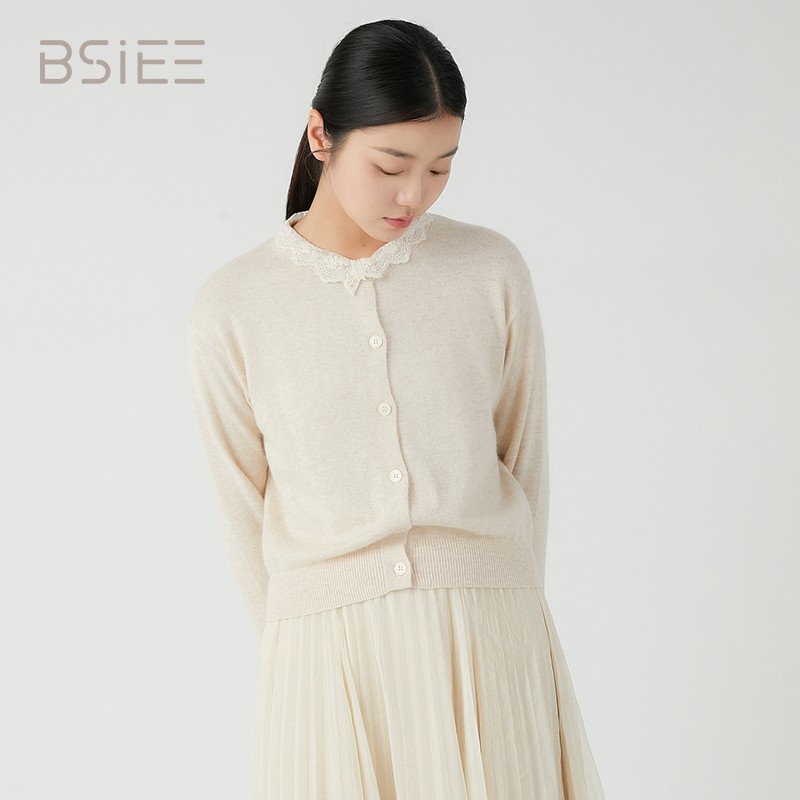 BSIEE本涩蕾丝拼接长袖毛衣气质针织衫纯色休闲春秋冬时尚百搭女