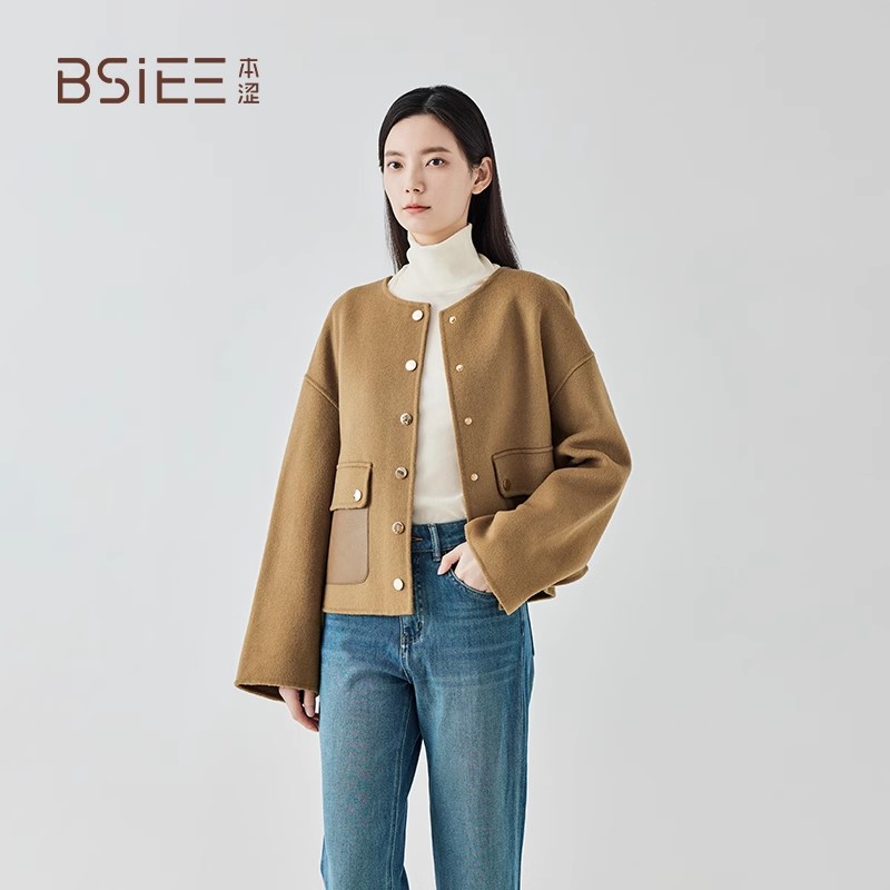 BSiEE本涩短款大衣2024年秋冬新品时尚舒适纯羊毛小香风外套女