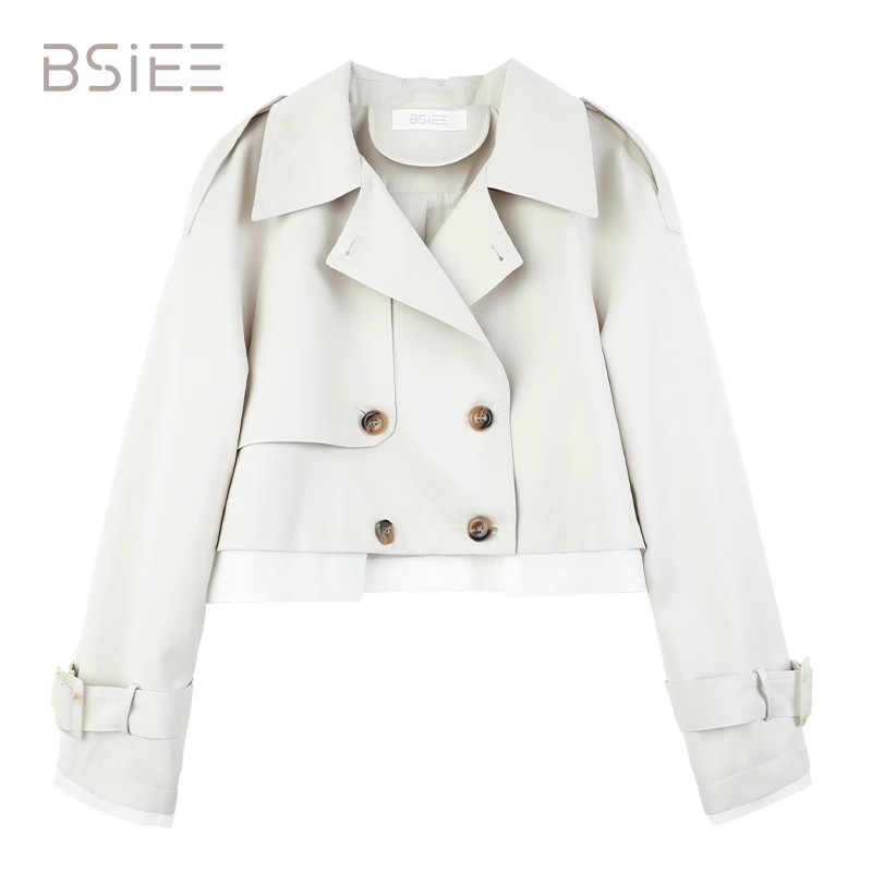 BSIEE/本涩下摆拼接短风衣早秋季新品时尚纯色两排扣上衣女